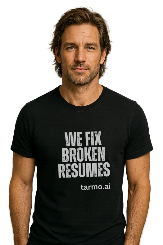 Professional wearing Tarmo.ai 'WE FIX BROKEN RESUMES' shirt